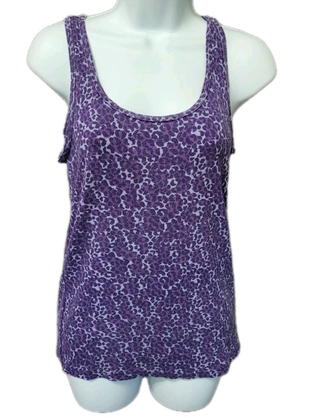 Vintage Y2K Tank Top Ribbed Knit L Stretch 90s Preppy Purple Animal Print
